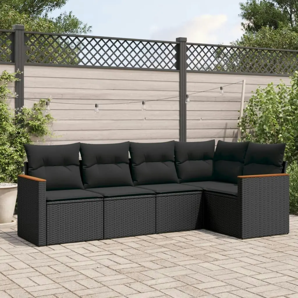 5 Piece Garden Sofa Set with Cushions Black Poly Rattan 3225943