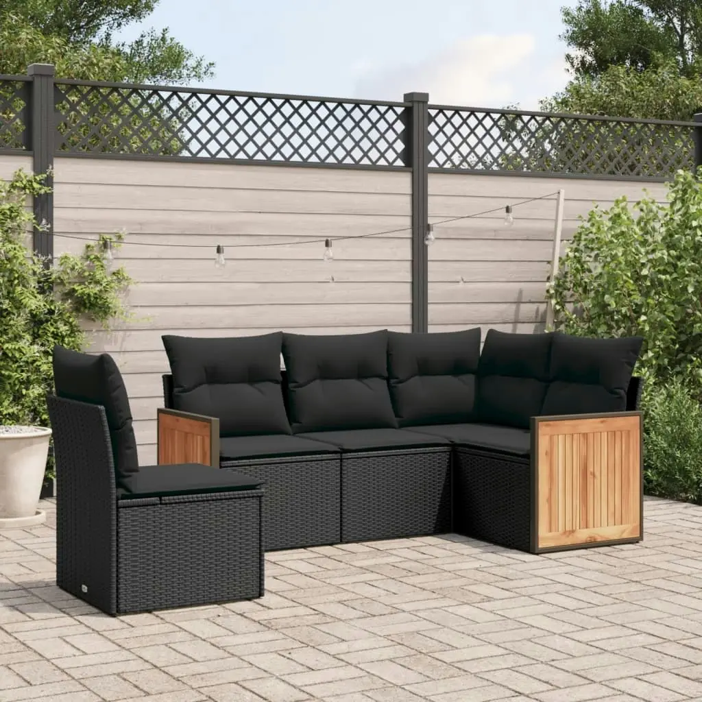 5 Piece Garden Sofa Set with Cushions Black Poly Rattan 3227651