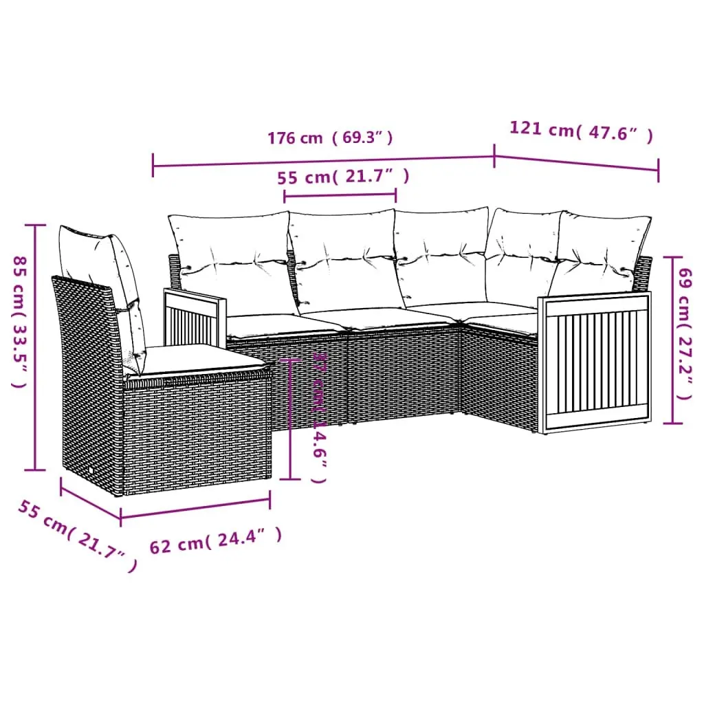 5 Piece Garden Sofa Set with Cushions Black Poly Rattan 3227651