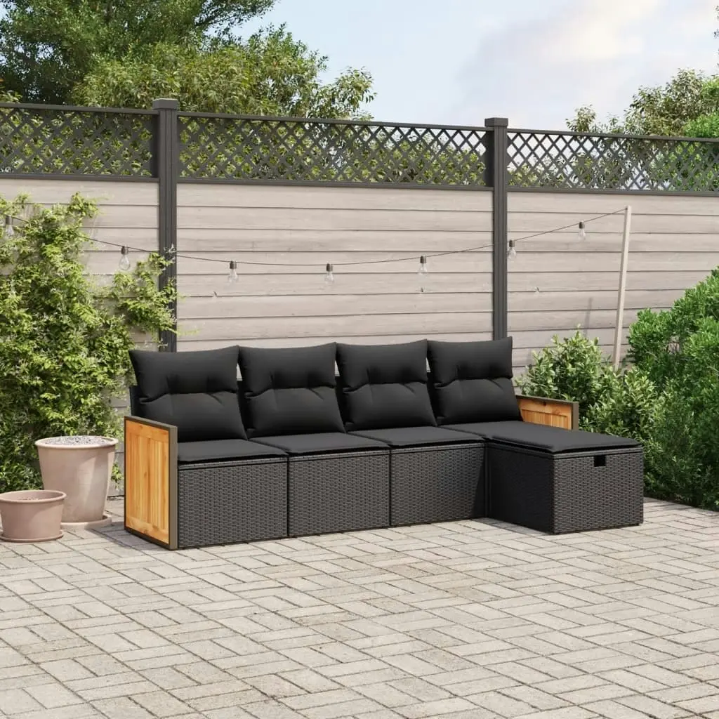 5 Piece Garden Sofa Set with Cushions Black Poly Rattan 3265717