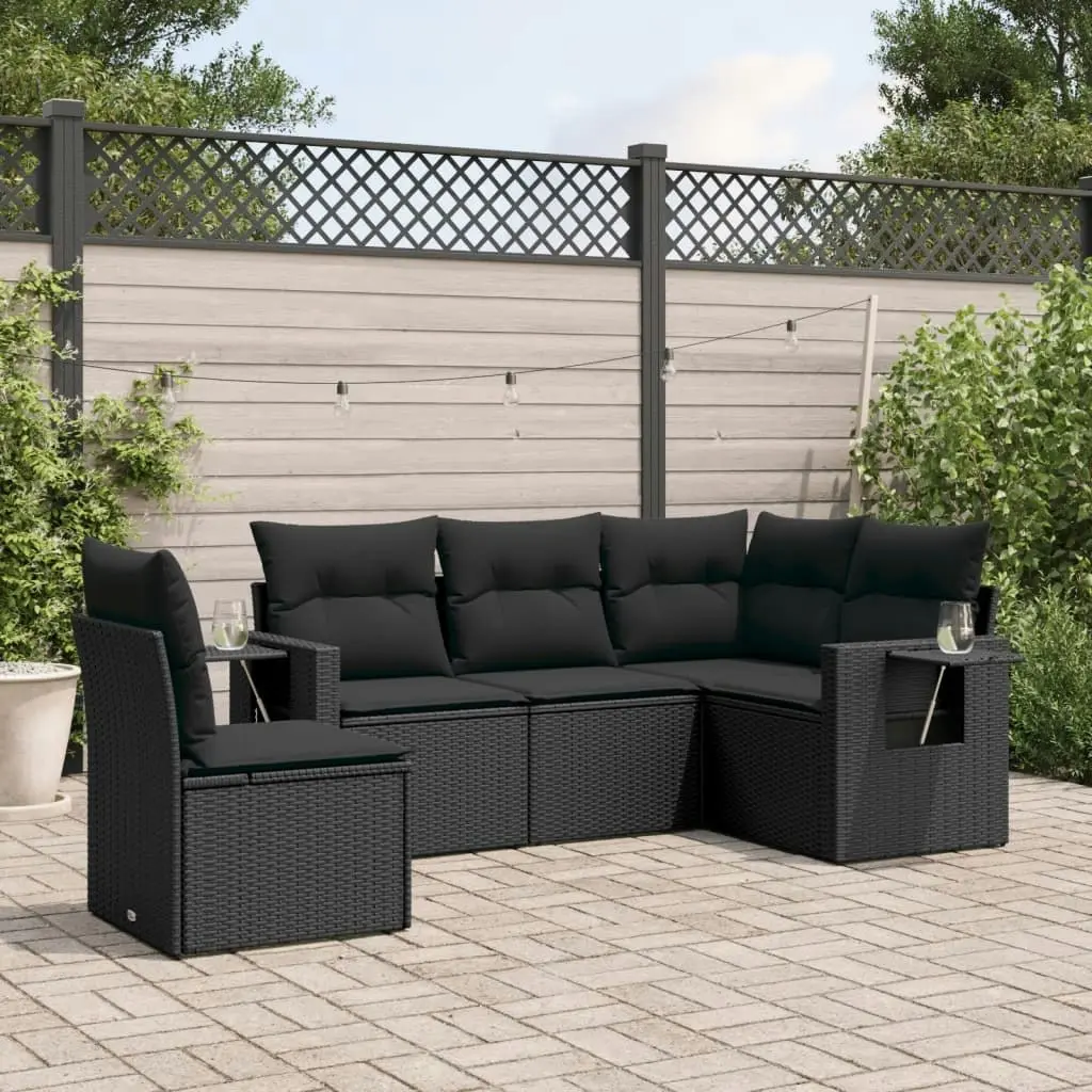 5 Piece Garden Sofa Set with Cushions Black Poly Rattan 3220164