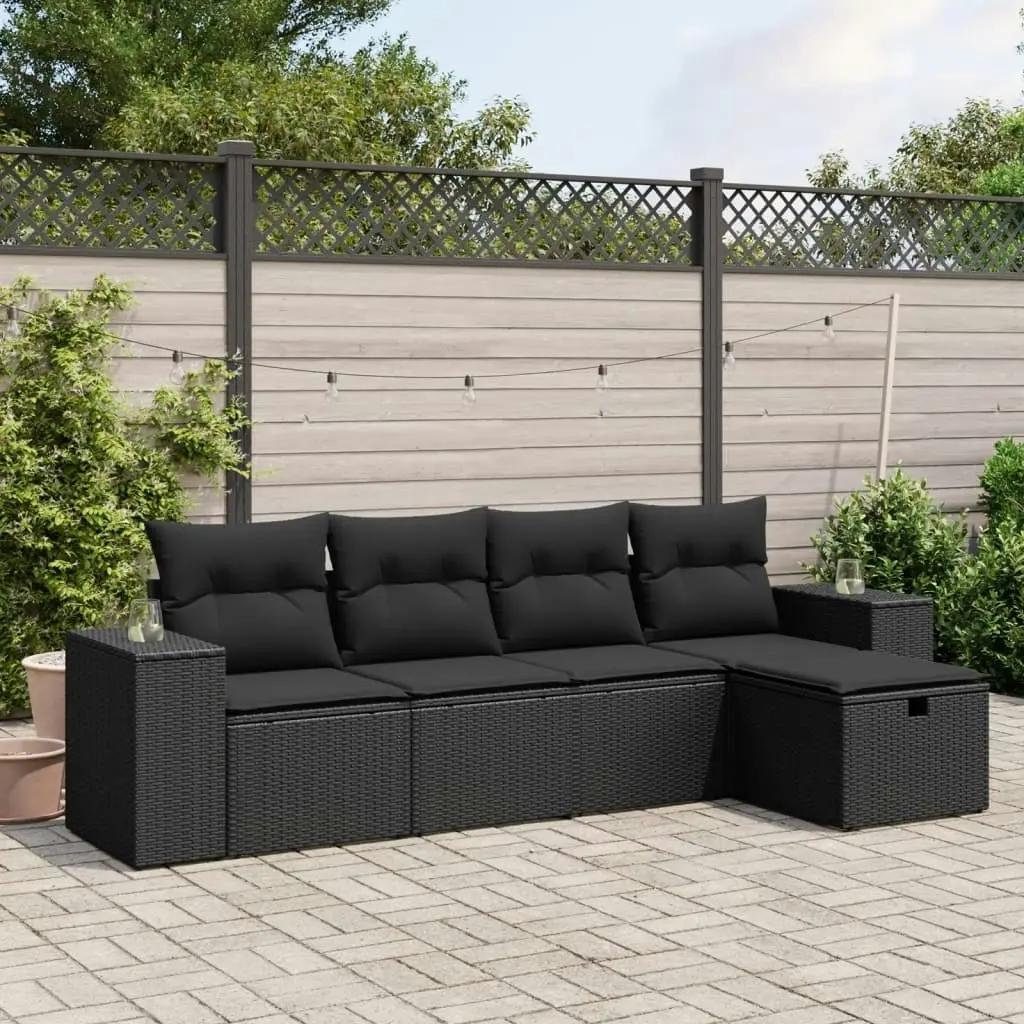 5 Piece Garden Sofa Set with Cushions Black Poly Rattan 3264391