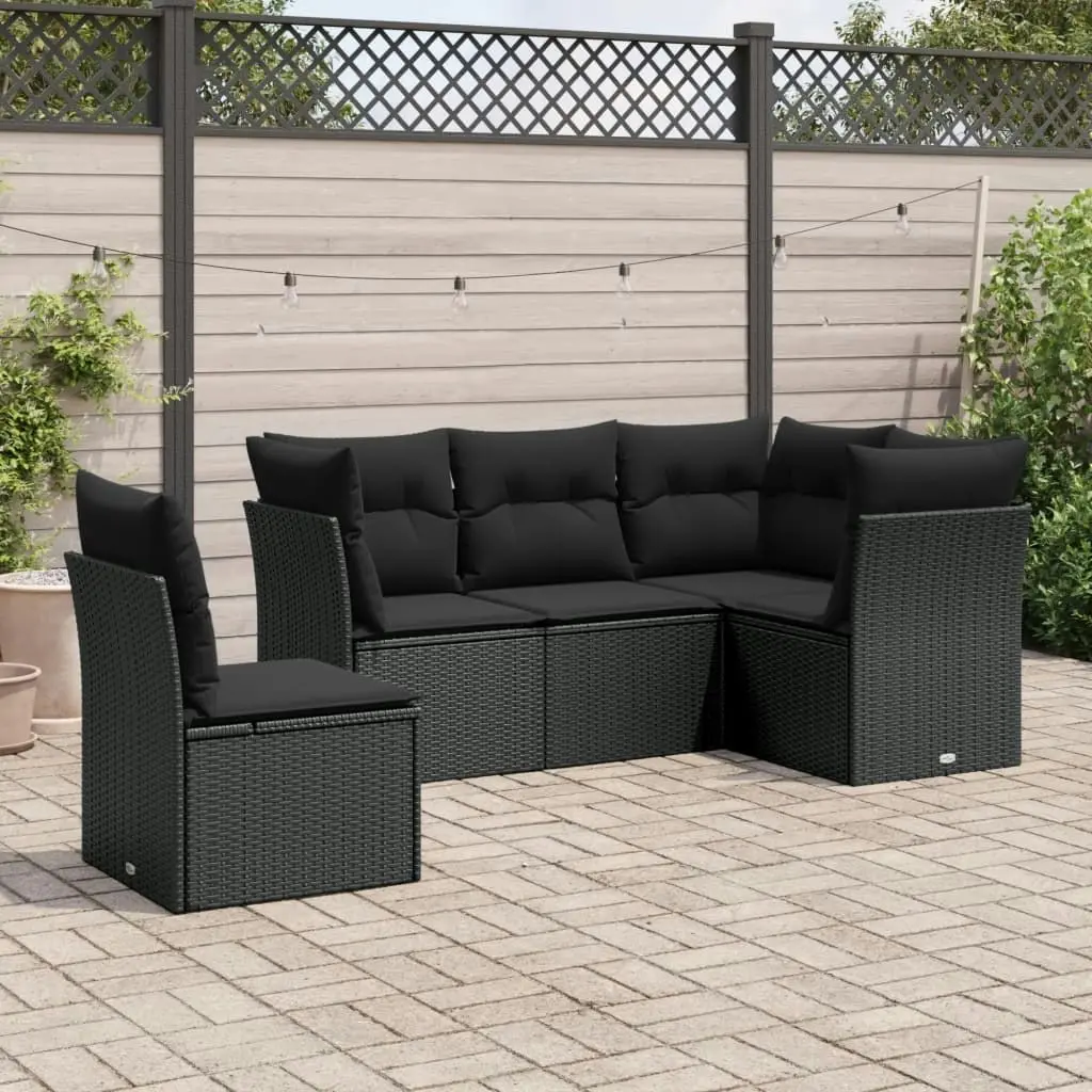 5 Piece Garden Sofa Set with Cushions Black Poly Rattan 3249474