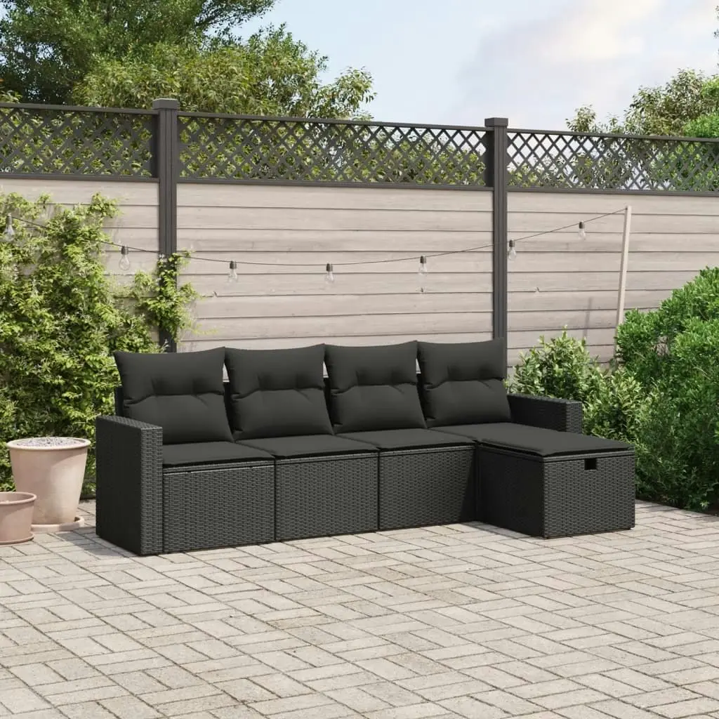 5 Piece Garden Sofa Set with Cushions Black Poly Rattan 3263461