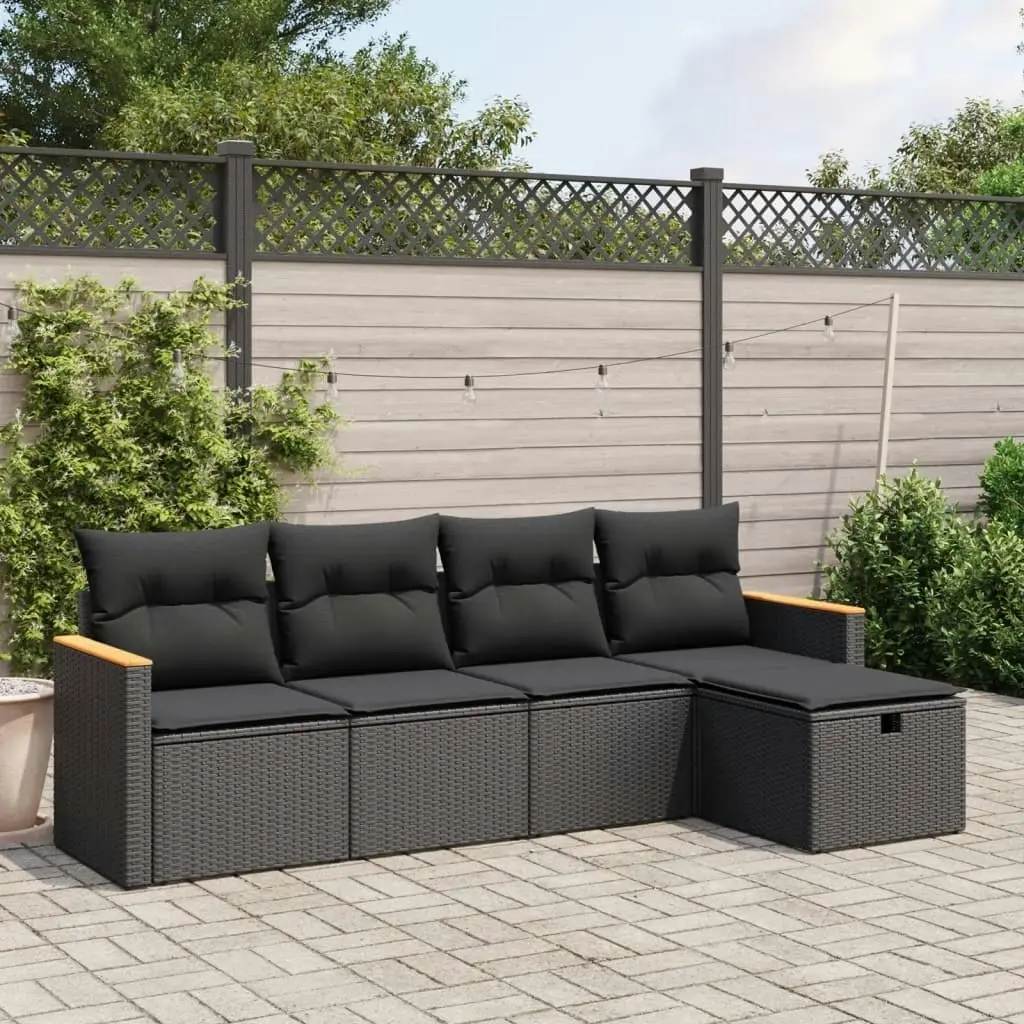 5 Piece Garden Sofa Set with Cushions Black Poly Rattan 3265283