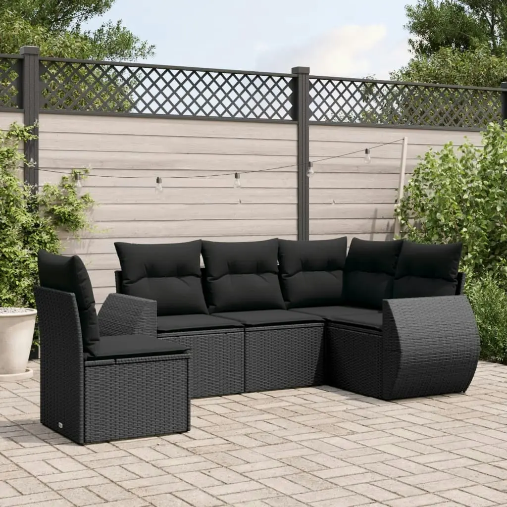 5 Piece Garden Sofa Set with Cushions Black Poly Rattan 3221364