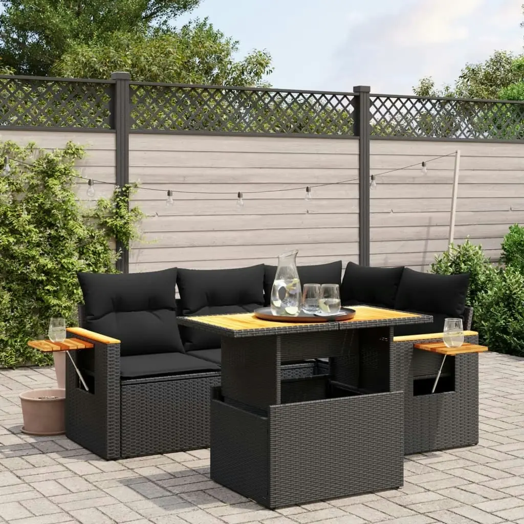 5 Piece Garden Sofa Set with Cushions Black Poly Rattan 3273498