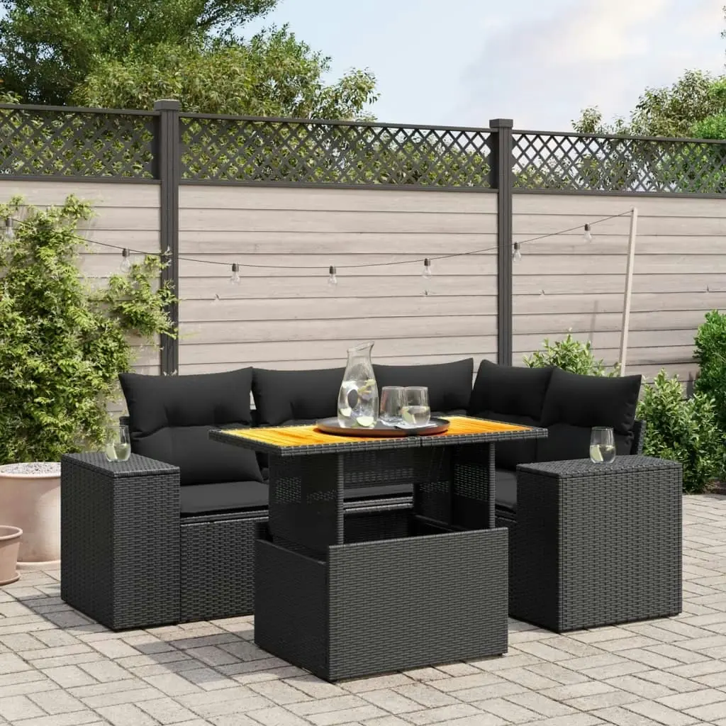 5 Piece Garden Sofa Set with Cushions Black Poly Rattan 3272616