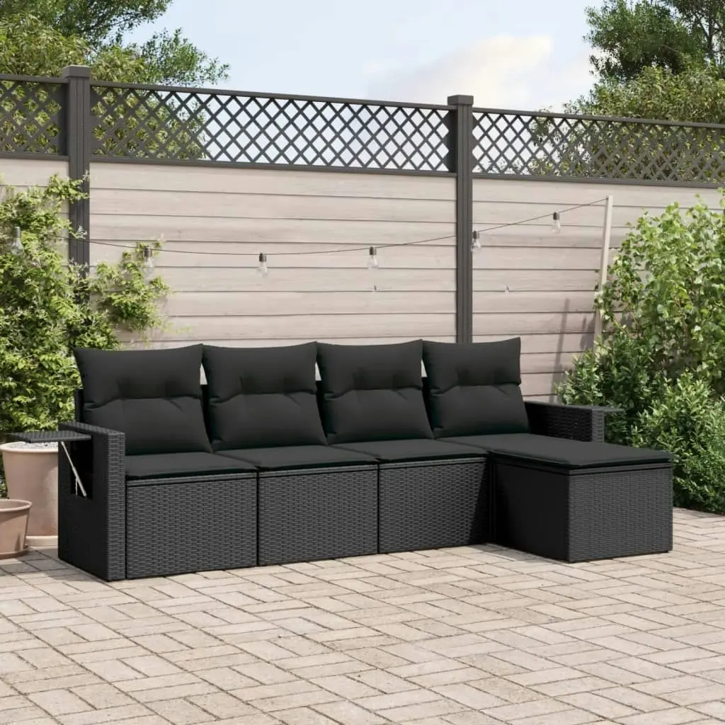 5 Piece Garden Sofa Set with Cushions Black Poly Rattan 3220084