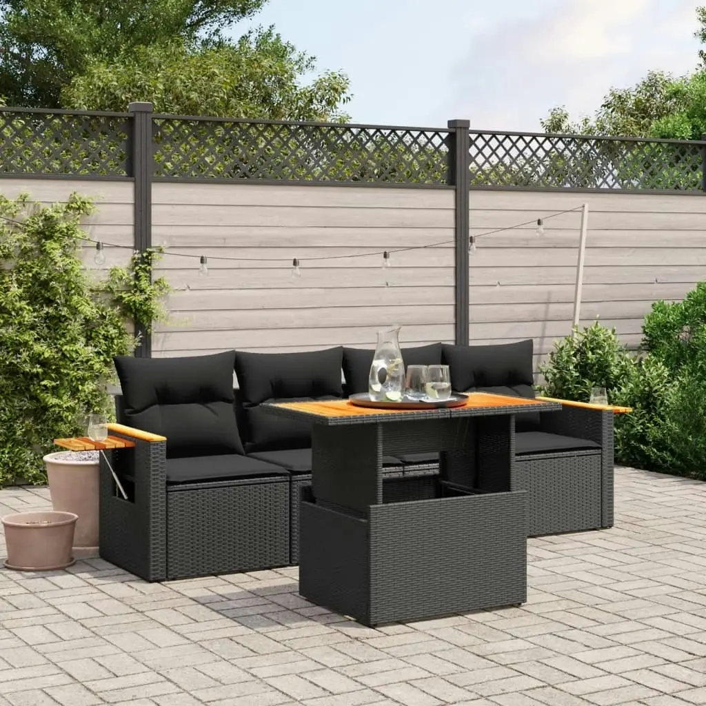 5 Piece Garden Sofa Set with Cushions Black Poly Rattan 3273393