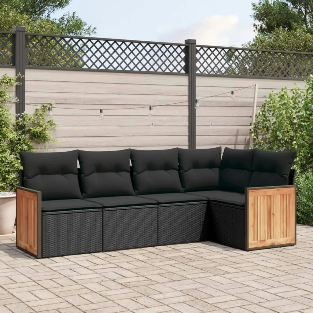 5 Piece Garden Sofa Set with Cushions Black Poly Rattan 3227623