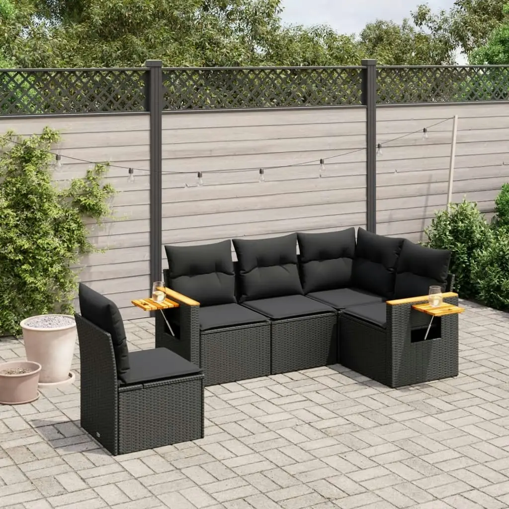 5 Piece Garden Sofa Set with Cushions Black Poly Rattan 3226811