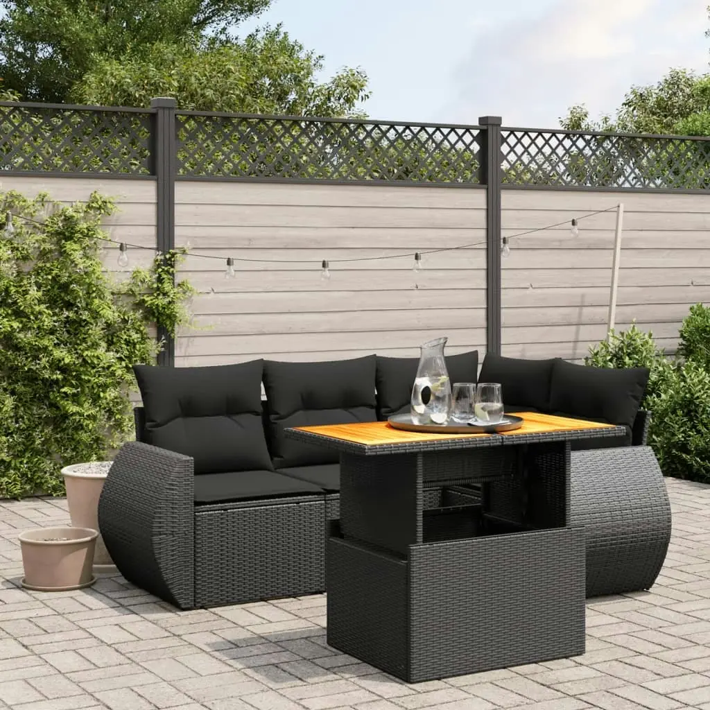 5 Piece Garden Sofa Set with Cushions Black Poly Rattan 3272175