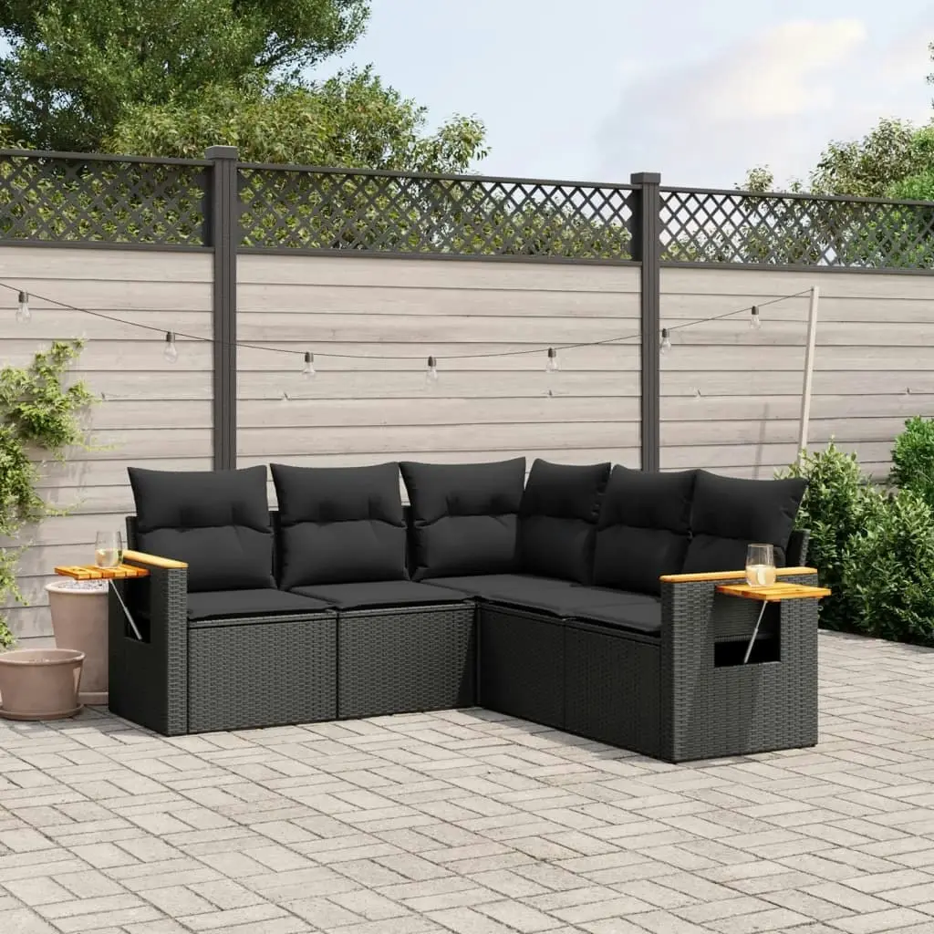 5 Piece Garden Sofa Set with Cushions Black Poly Rattan 3226797