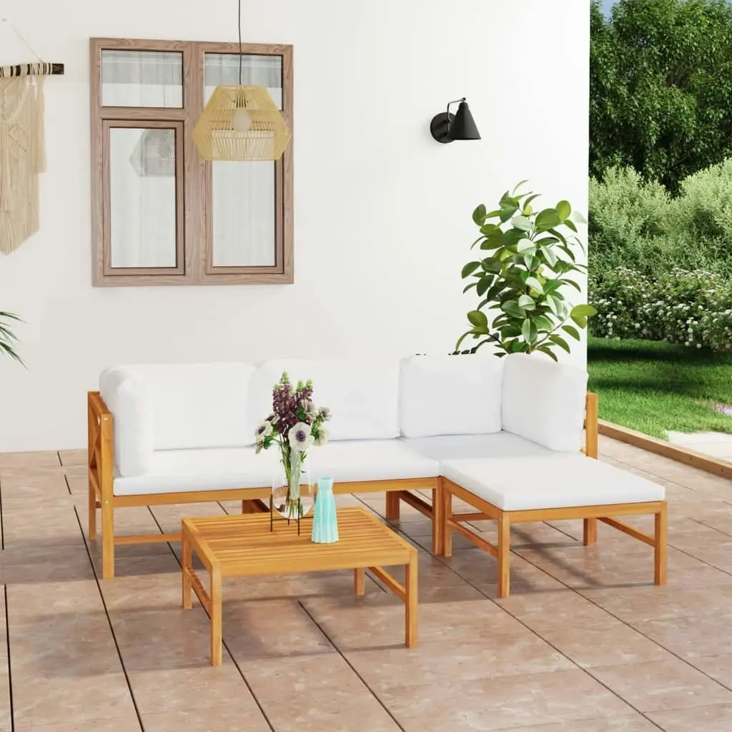 5 Piece Garden Lounge Set with Cream Cushions Solid Teak Wood 3087198