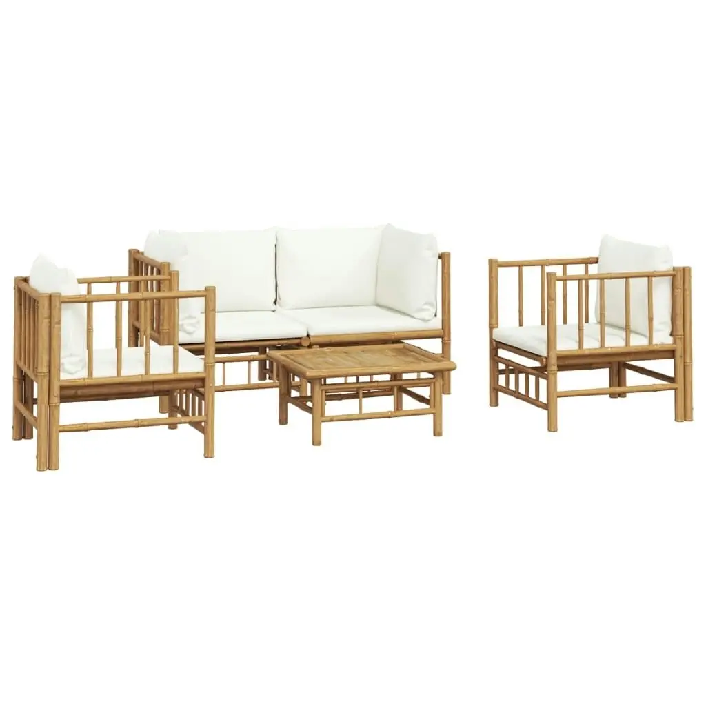 5 Piece Garden Lounge Set with Cream White Cushions  Bamboo 3155185