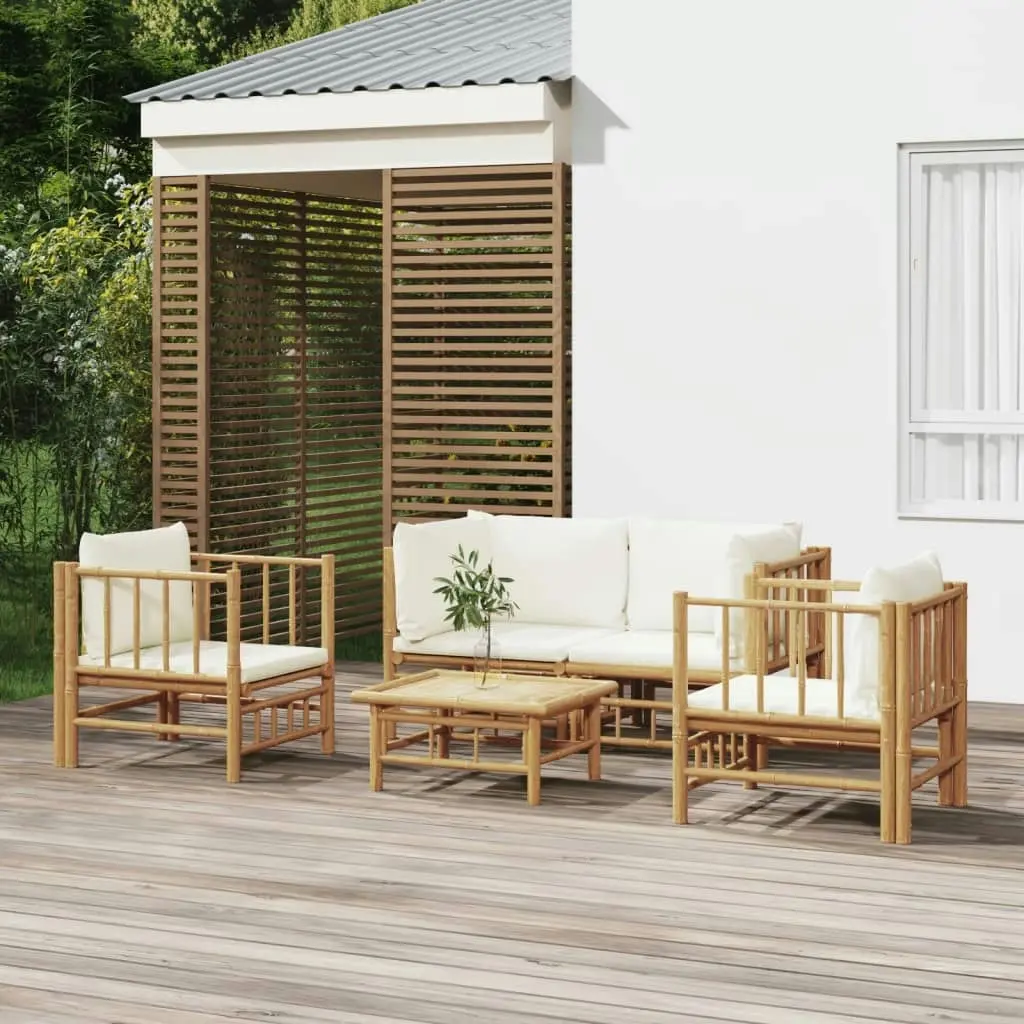 5 Piece Garden Lounge Set with Cream White Cushions  Bamboo 3155185