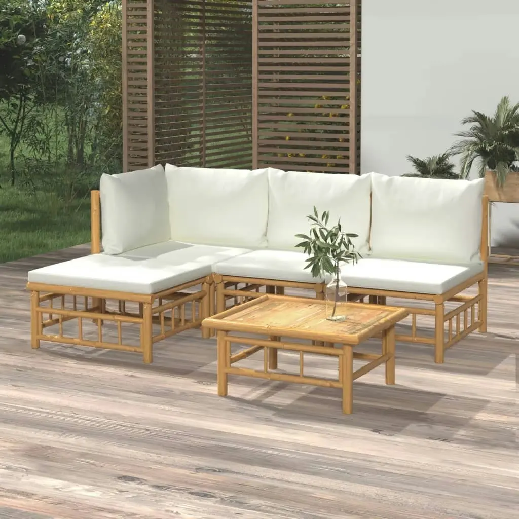 5 Piece Garden Lounge Set with Cream White Cushions  Bamboo 3155177