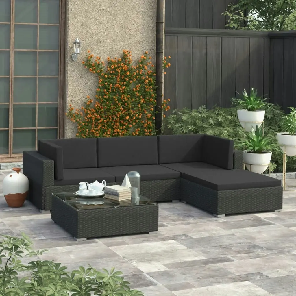 5 Piece Garden Lounge Set with Cushions Poly Rattan Black 46753