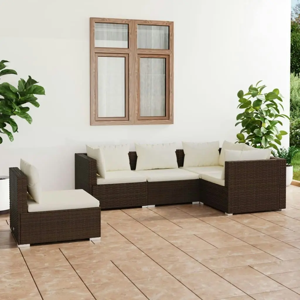 5 Piece Garden Lounge Set with Cushions Poly Rattan Brown 3102314