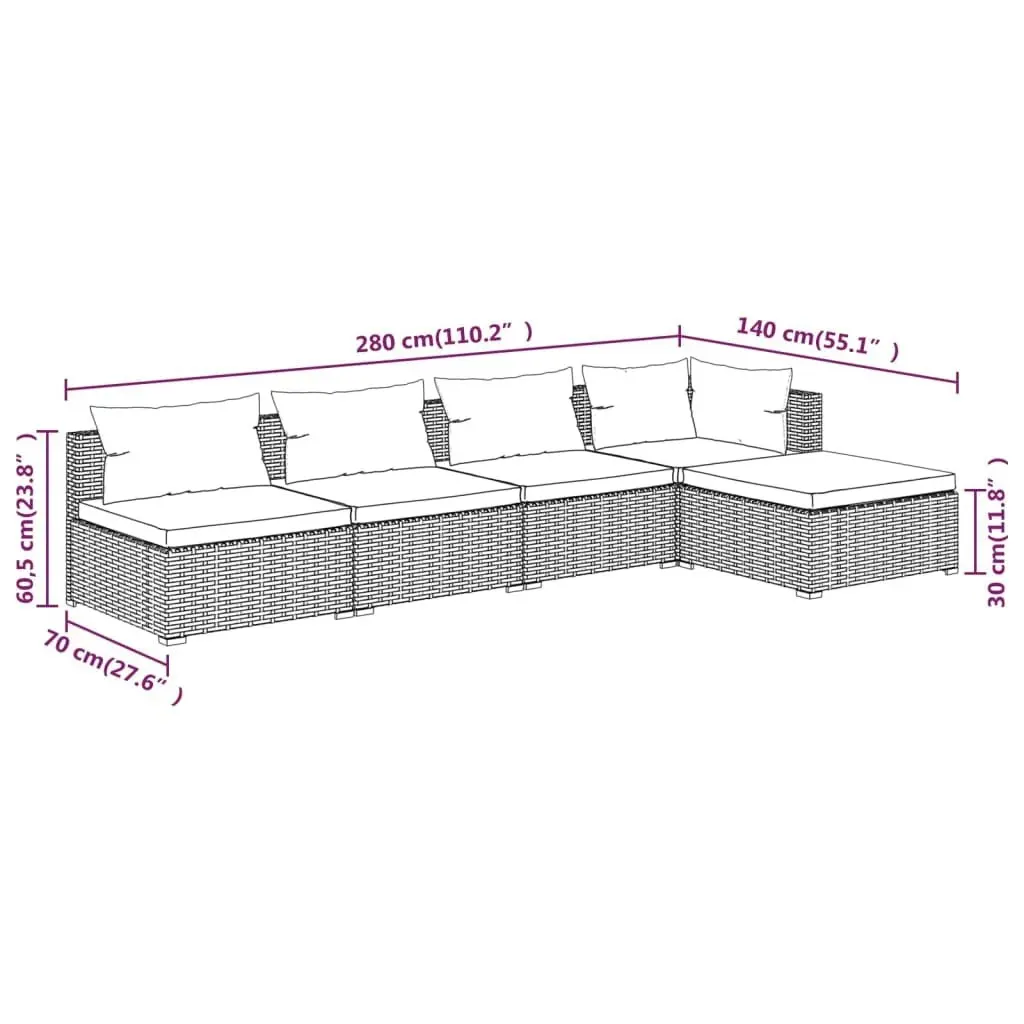 5 Piece Garden Lounge Set with Cushions Poly Rattan Brown 3101627