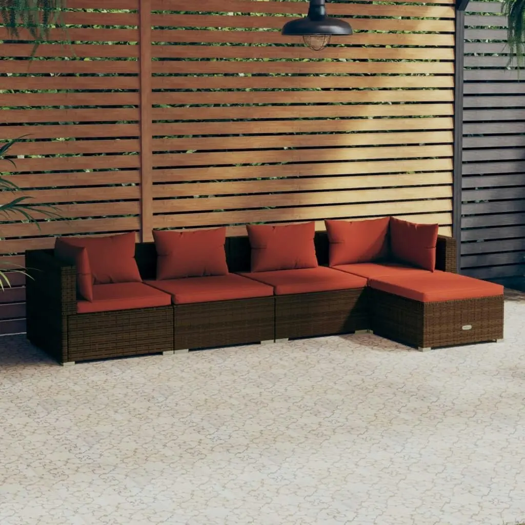 5 Piece Garden Lounge Set with Cushions Poly Rattan Brown 3101659