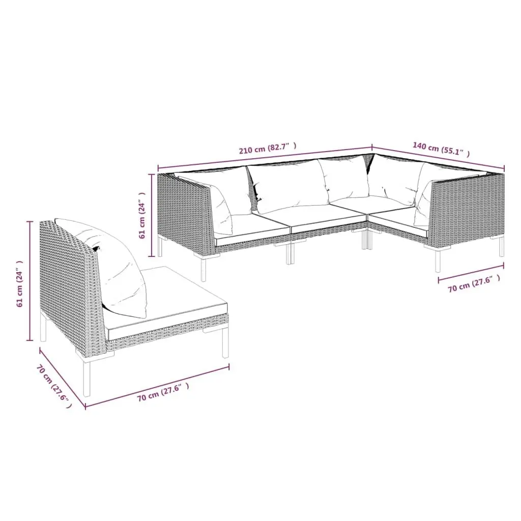 5 Piece Garden Lounge Set with Cushions Poly Rattan Dark Grey 3099852