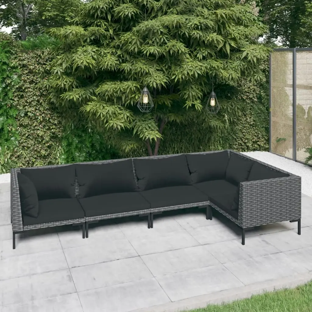 5 Piece Garden Lounge Set with Cushions Poly Rattan Dark Grey 3099838