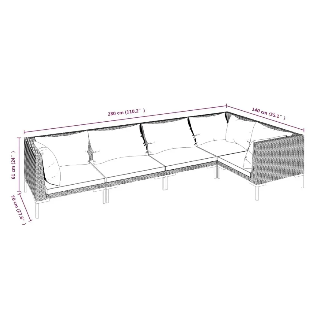 5 Piece Garden Lounge Set with Cushions Poly Rattan Dark Grey 3099838