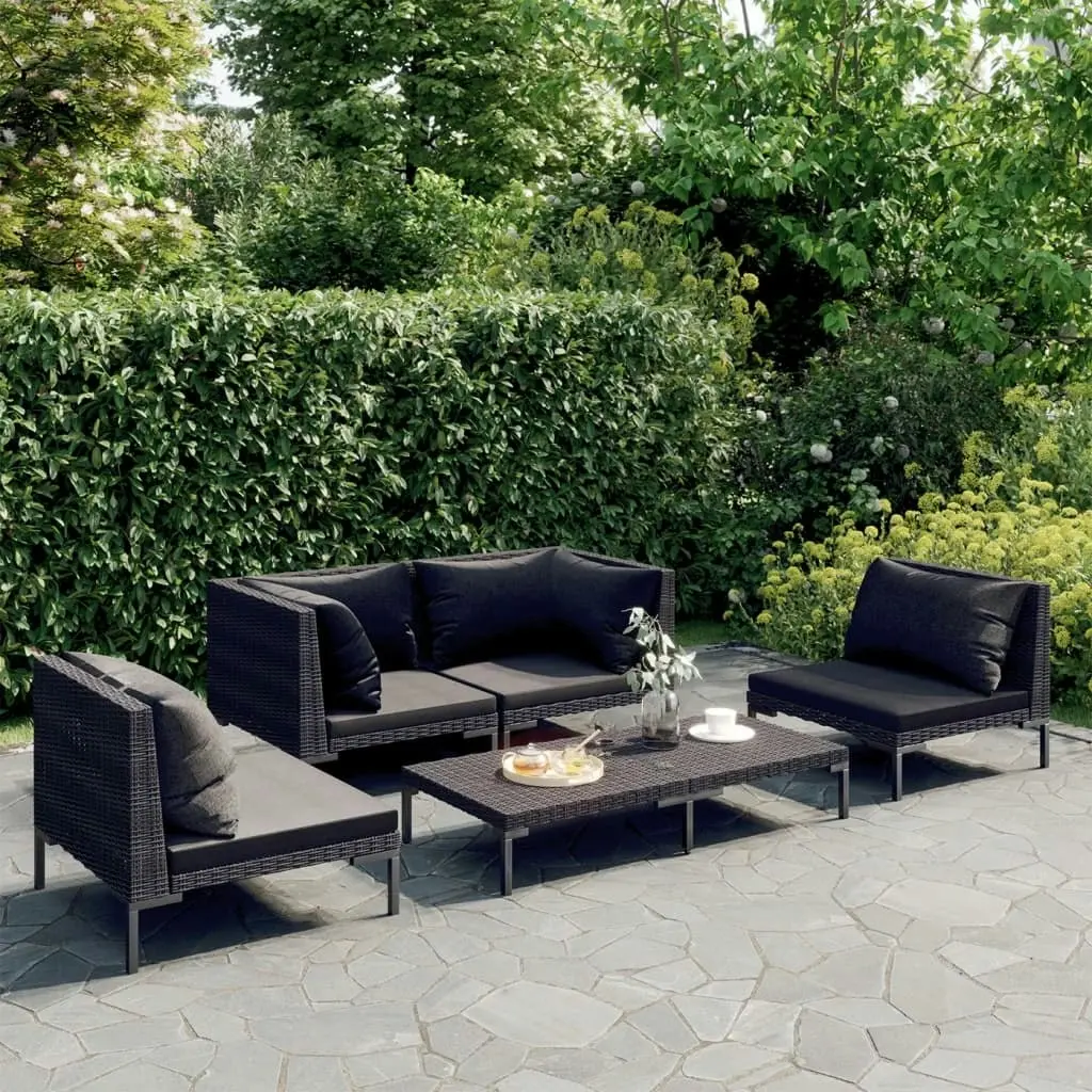 5 Piece Garden Lounge Set with Cushions Poly Rattan Dark Grey 3099819