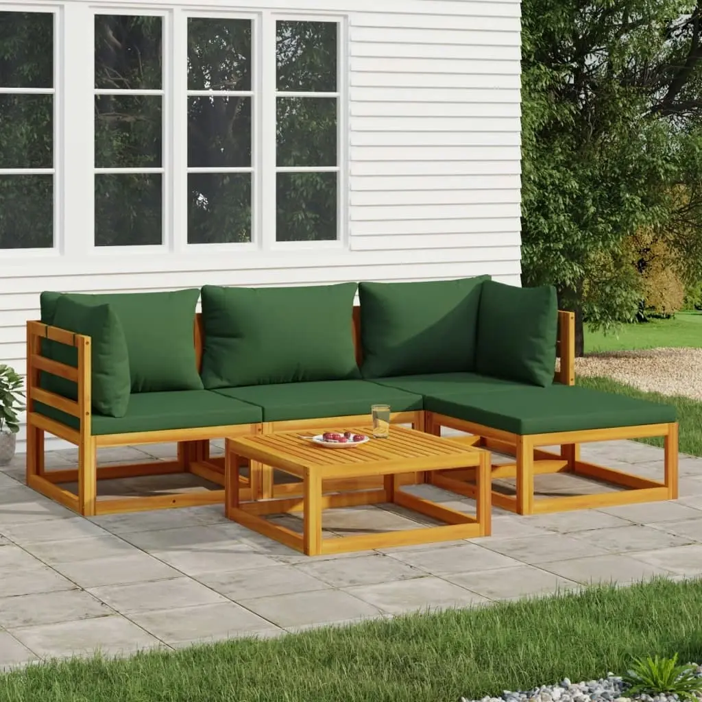 5 Piece Garden Lounge Set with Green Cushions Solid Wood 3155310