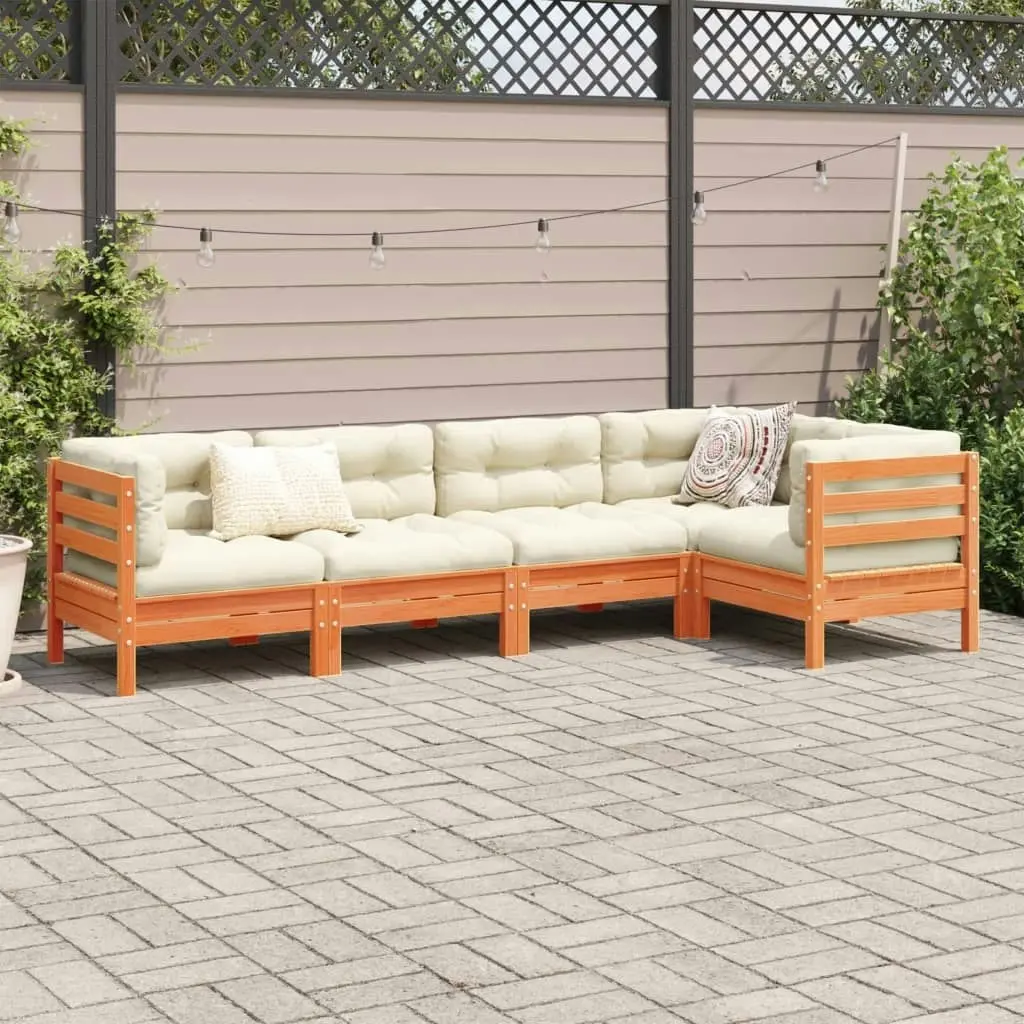 5 Piece Garden Sofa Set with Cushions Wax Brown Solid Wood Pine 3299438