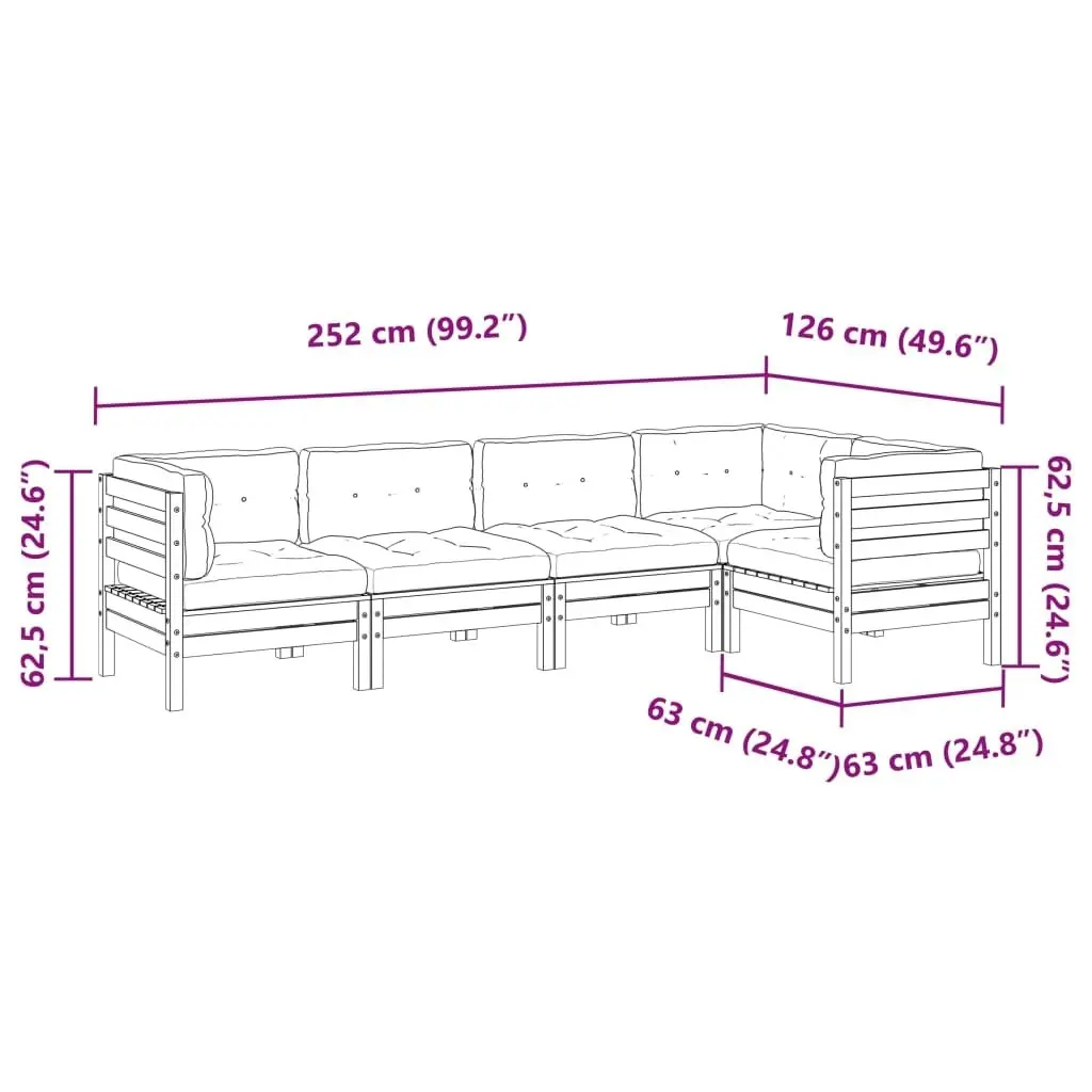 5 Piece Garden Sofa Set with Cushions Wax Brown Solid Wood Pine 3299438