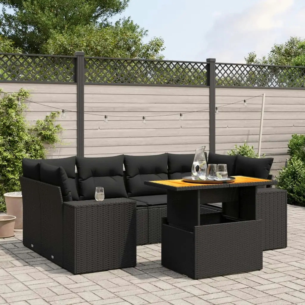 7 Piece Garden Sofa Set with Cushions Black Poly Rattan 3272532