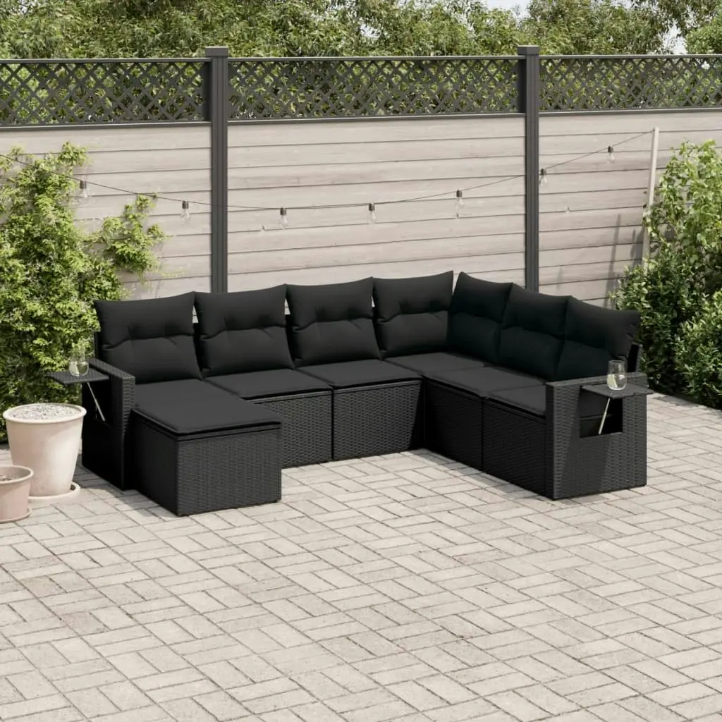 7 Piece Garden Sofa Set with Cushions Black Poly Rattan 3220494