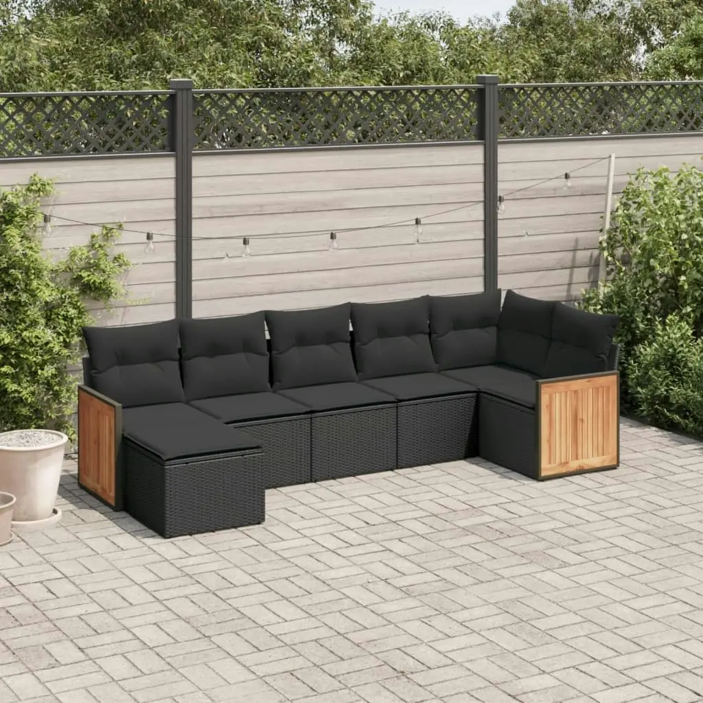 7 Piece Garden Sofa Set with Cushions Black Poly Rattan 3227868