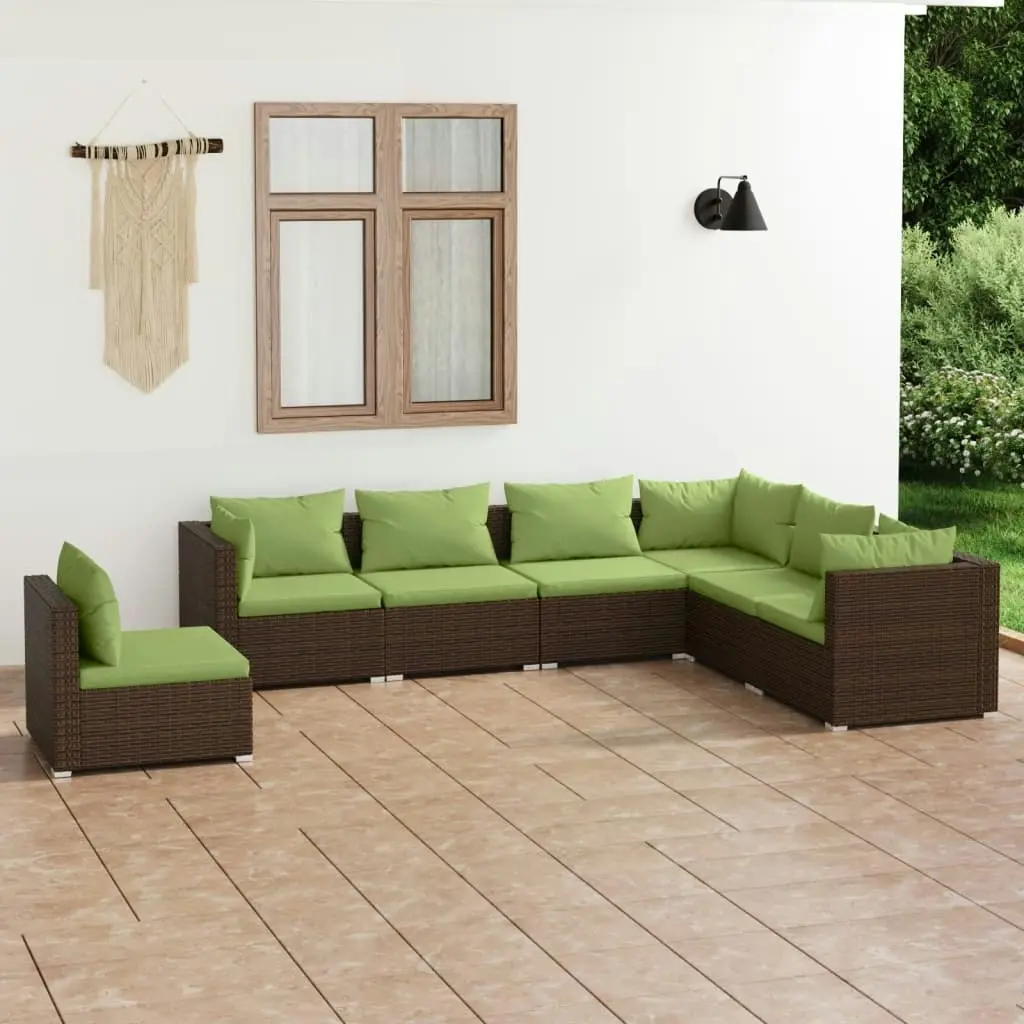 7 Piece Garden Lounge Set with Cushions Poly Rattan Brown 3102356