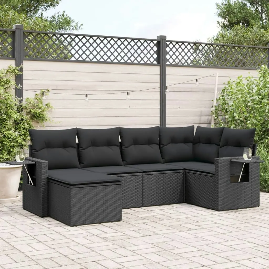 6 Piece Garden Sofa Set with Cushions Black Poly Rattan 3252792