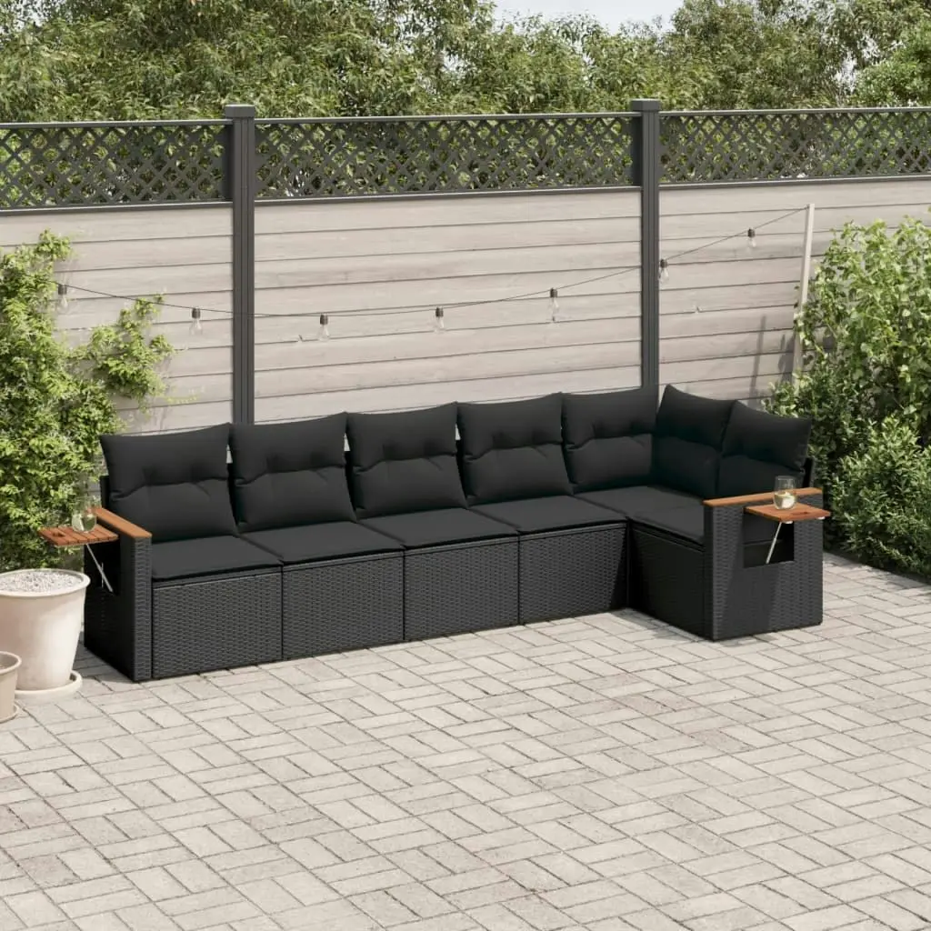 6 Piece Garden Sofa Set with Cushions Black Poly Rattan 3259227