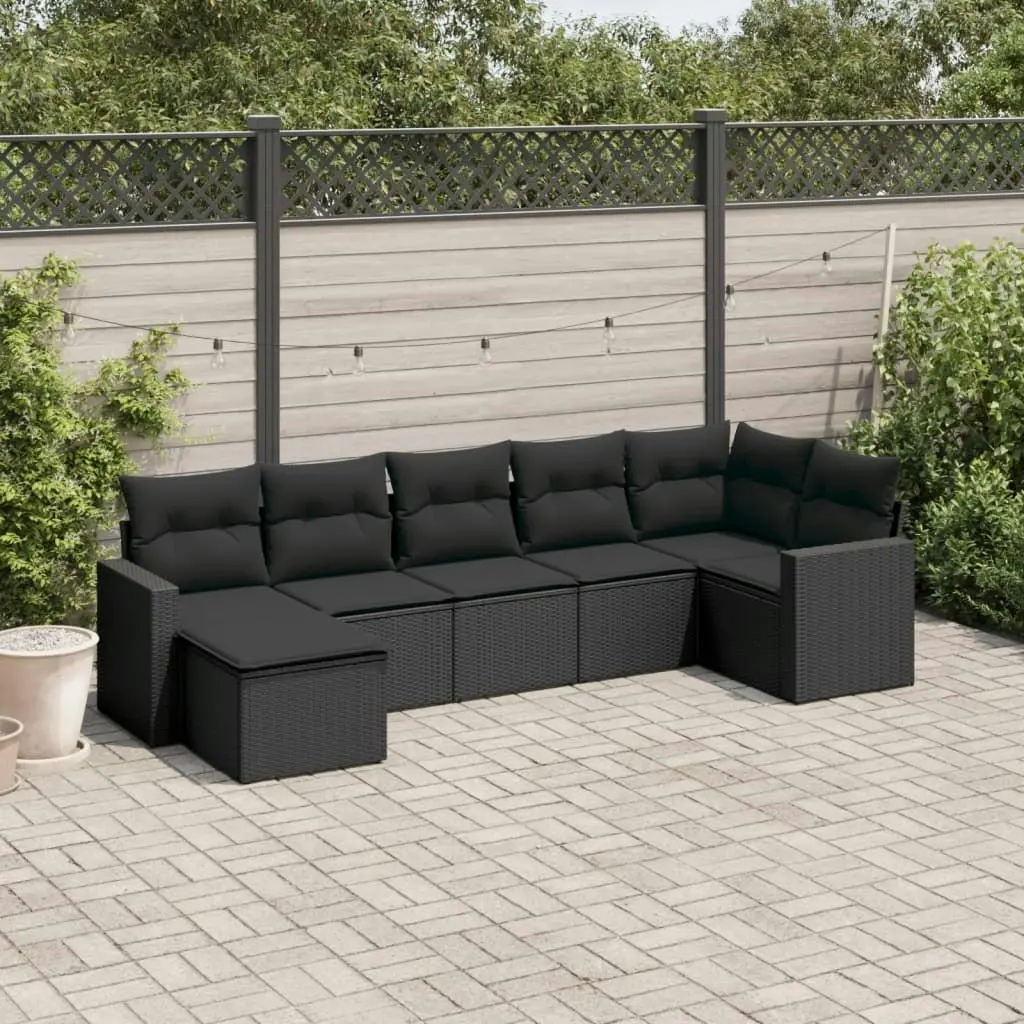 7 Piece Garden Sofa Set with Cushions Black Poly Rattan 3219265