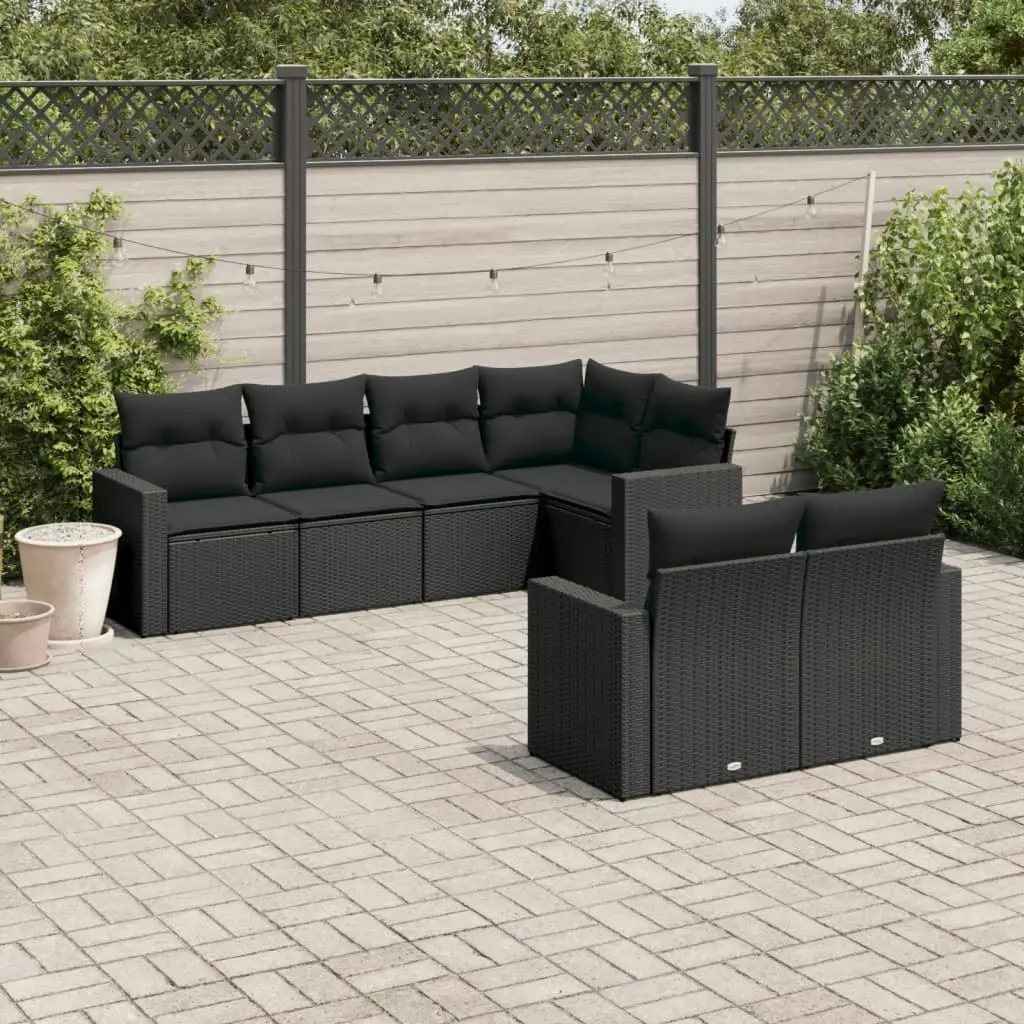 7 Piece Garden Sofa Set with Cushions Black Poly Rattan 3219195