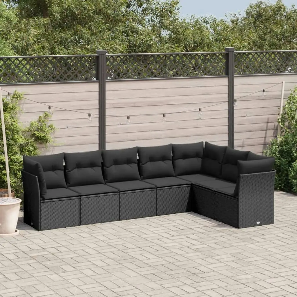 7 Piece Garden Sofa Set with Cushions Black Poly Rattan 3249574