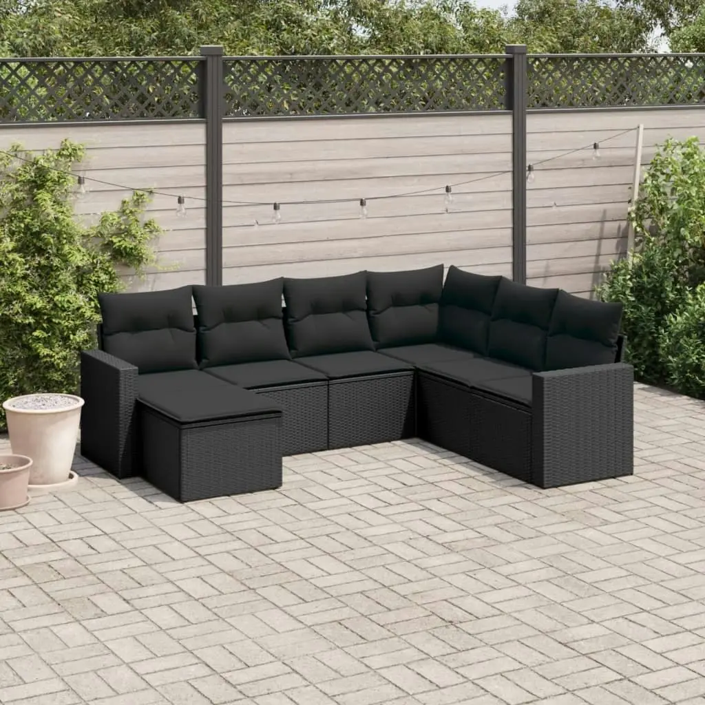 7 Piece Garden Sofa Set with Cushions Black Poly Rattan 3219285