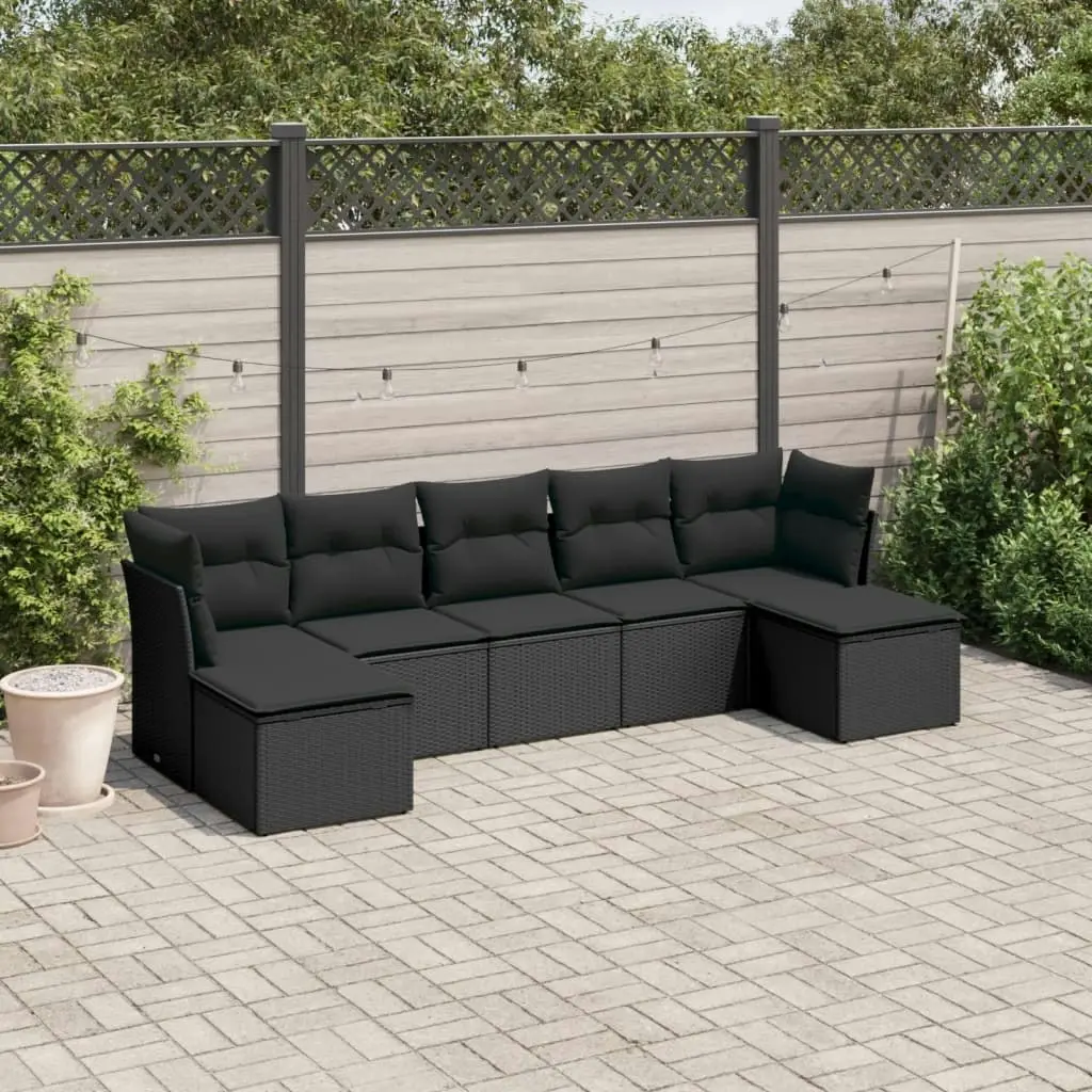 7 Piece Garden Sofa Set with Cushions Black Poly Rattan 3249864