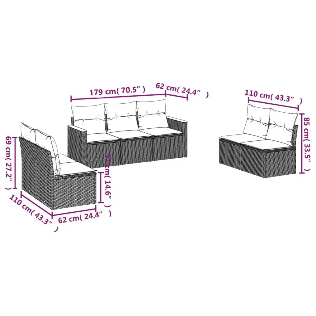 7 Piece Garden Sofa Set with Cushions Black Poly Rattan 3258275