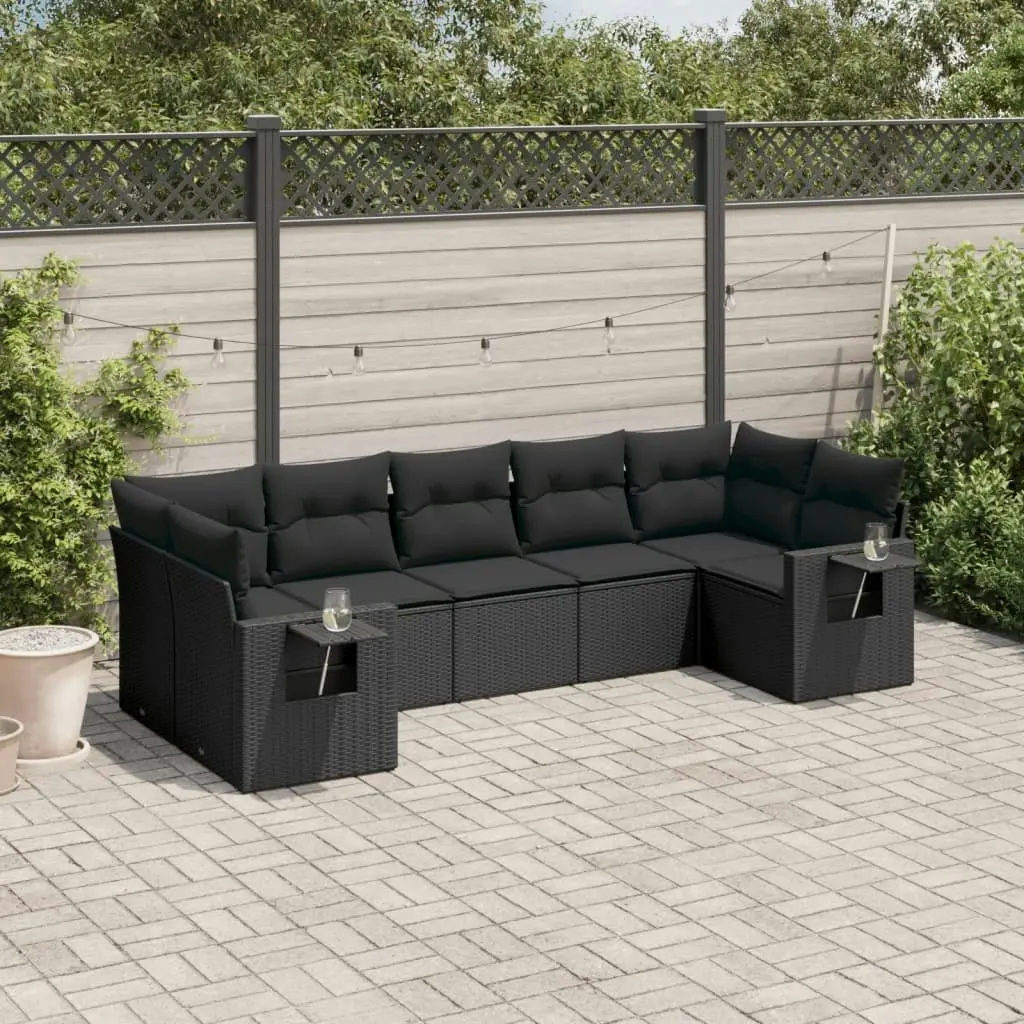 7 Piece Garden Sofa Set with Cushions Black Poly Rattan 3220584