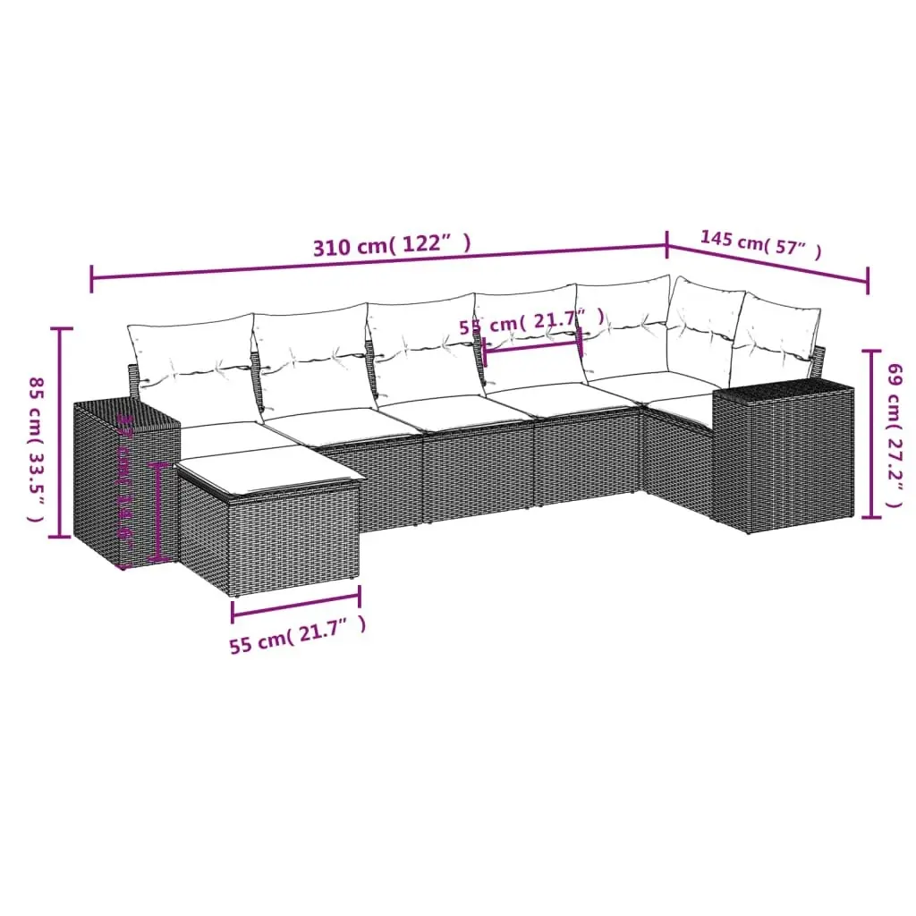 7 Piece Garden Sofa Set with Cushions Black Poly Rattan 3255212