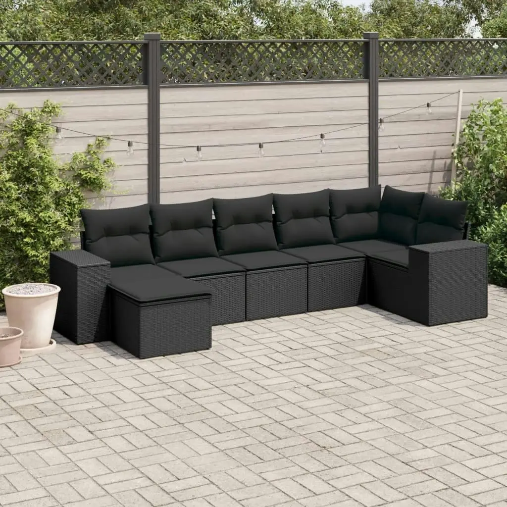 7 Piece Garden Sofa Set with Cushions Black Poly Rattan 3255212