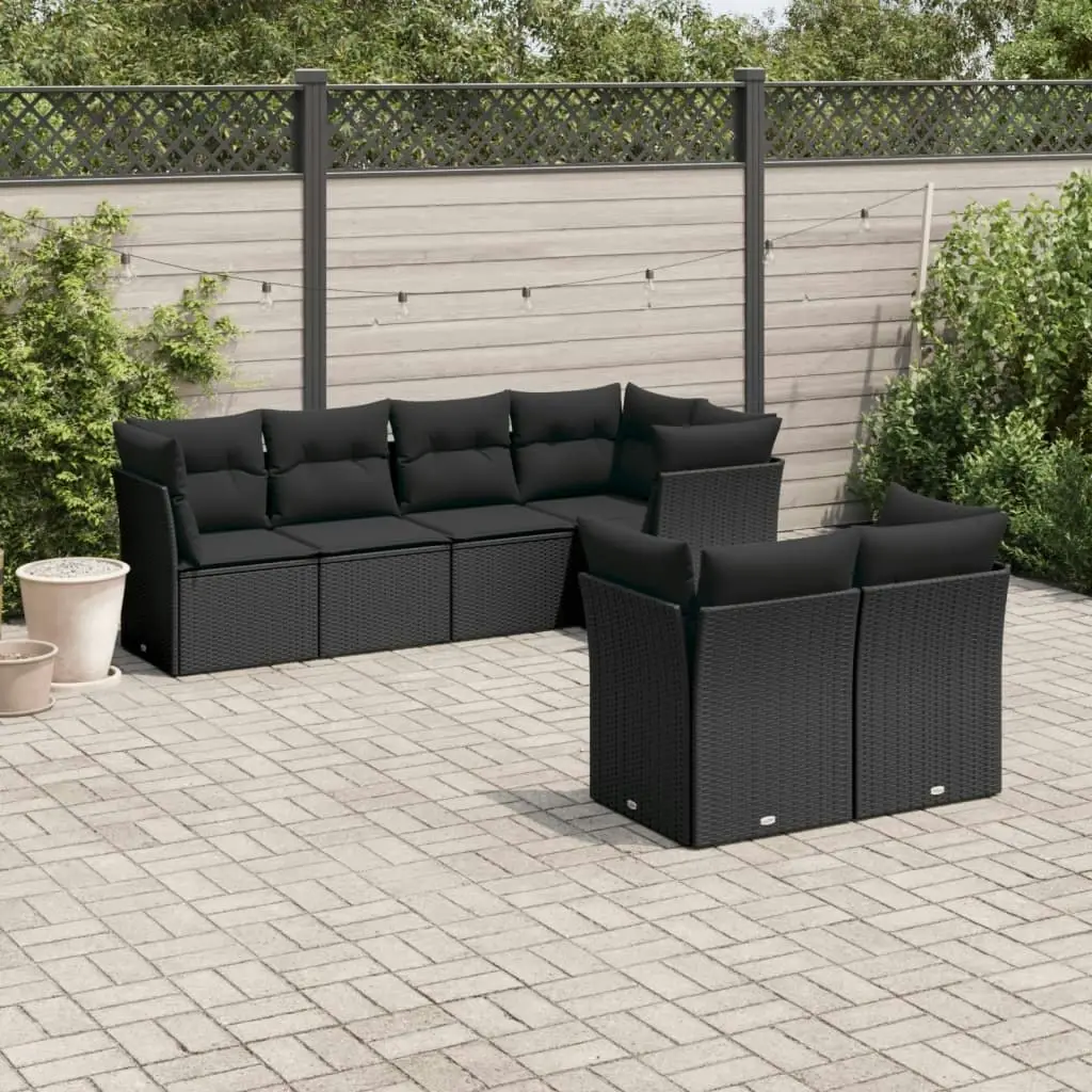 7 Piece Garden Sofa Set with Cushions Black Poly Rattan 3249734