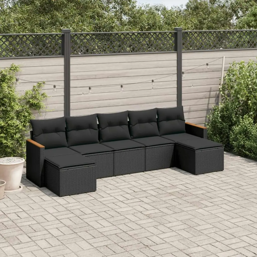 7 Piece Garden Sofa Set with Cushions Black Poly Rattan 3258632